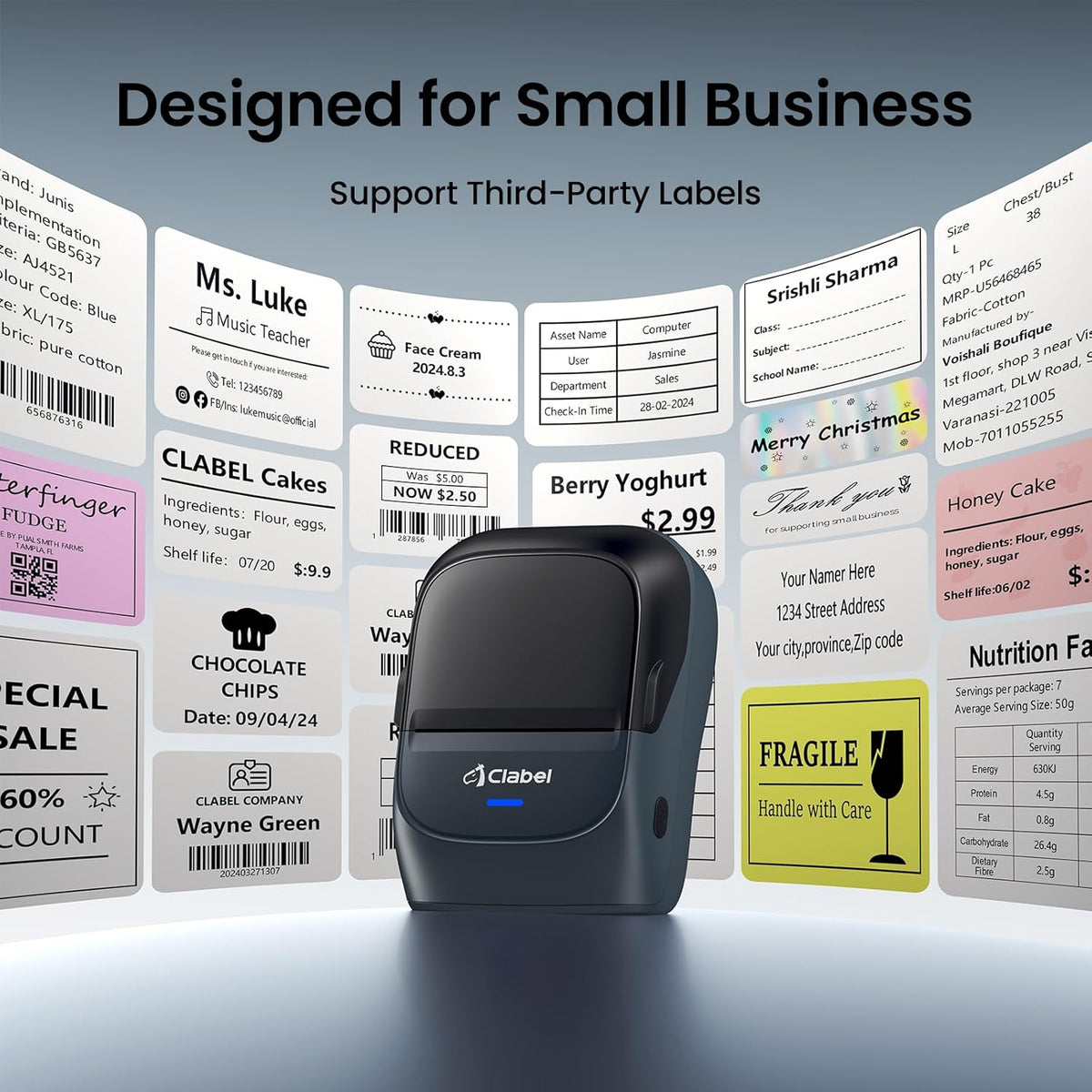 CLABEL Thermal Label Maker Machine: 221B Bluetooth Label Maker Machine with Tape Mini Sticker Printer Barcode Printer Compatible with Smartphone with 1 Roll 40x30mm Label (Blue)