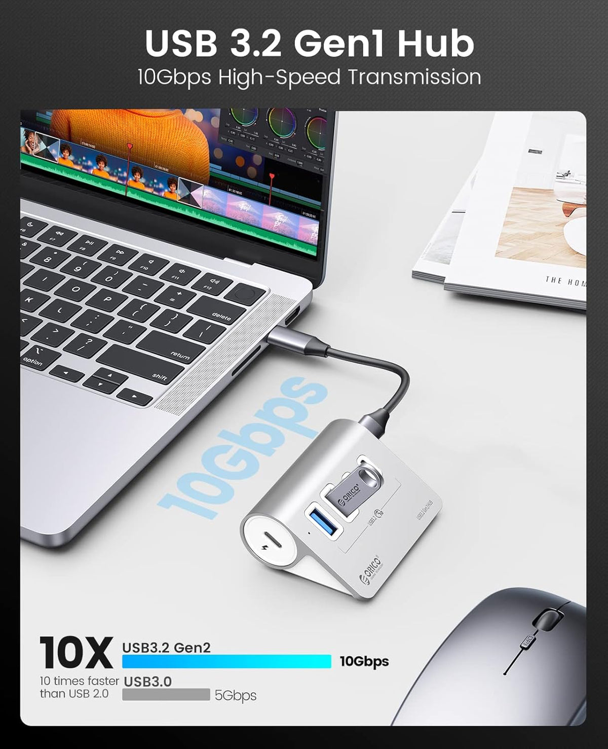 ORICO 4-Port USB 3.2 Gen 2 Hub 10Gbps with 2 USB A +2 USB C, Aluminium Hub with 1.64Ft USB-C Cable and USB-A Adapter USB Splitter for iMac, MacBooks, Mac mini