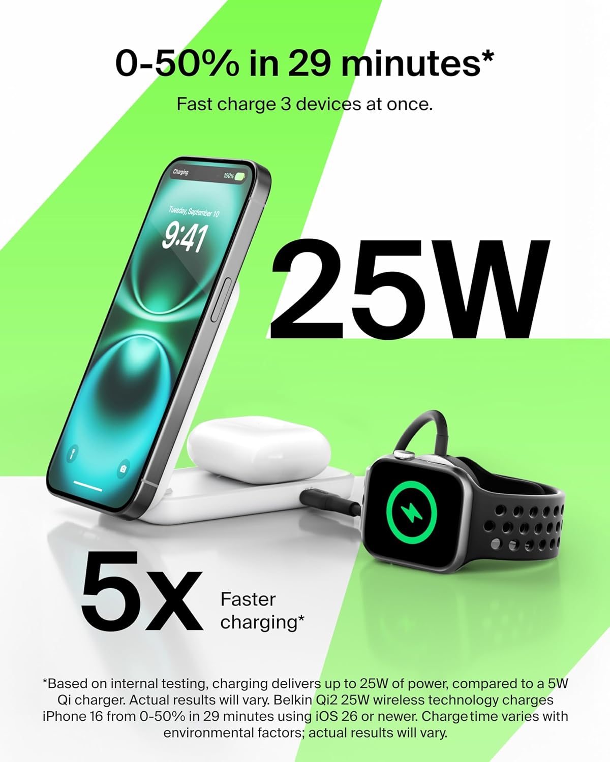 Belkin MagSafe Charger Compatible, 2-in-1 Charging Station, Qi2.2 25W Magnetic Wireless Charger Dock, Foldable Stand, with 5W USB-C Port, for iPhone 16/15/14, AirPods (45W Adapter Included)