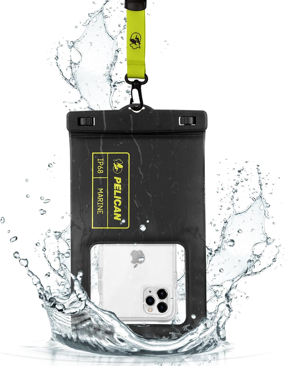 Pelican Marine - IP68 Waterproof Phone Pouch (XL Size) Floating Waterproof Phone Case - Beach Cruise Ship Travel Essentials - Works with All Phones - Detachable Lanyard - Black/Hi-Vis Yellow