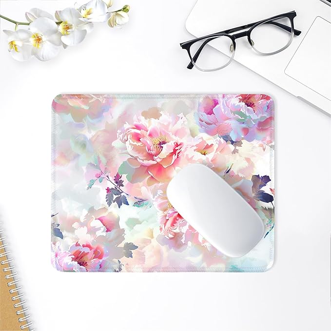 ITNRSIIET Mouse Pad with Stitched Edge Premium Textured Smooth Precise Operation Waterproof Washable Non-Slip Rubber Base Desktop Protection Mat, 10.2×8.3×0.12 inches, Beautiful Flowers