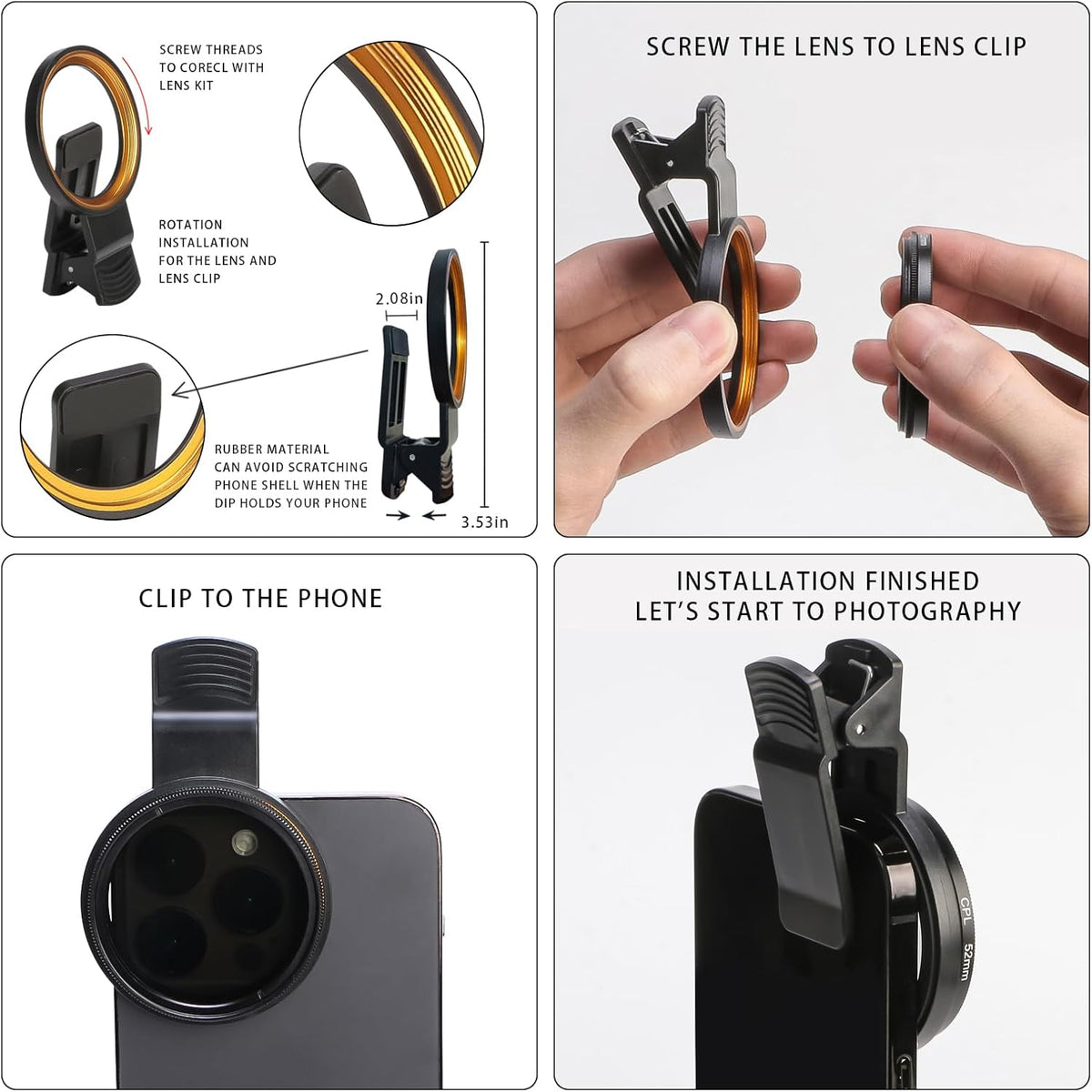 52MM Circular Polarizer Filter, Ultra Slim Multi-Coated CPL Lens Filter, Clip-on Phone Camera Filter Kit, Compatible for iPhone 15 14 13 12 11,Motorola, Google Pixel and Other Smart Phones