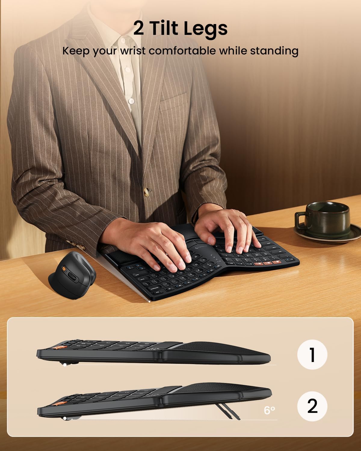 ProtoArc Bluetooth Ergonomic Keyboard, EK04 Mini Compact Wireless Ergo Keyboard with Palm Rest, Split Design, Natural Typing, Bluetooth and USB, Rechargeable, for Windows/Mac - Black