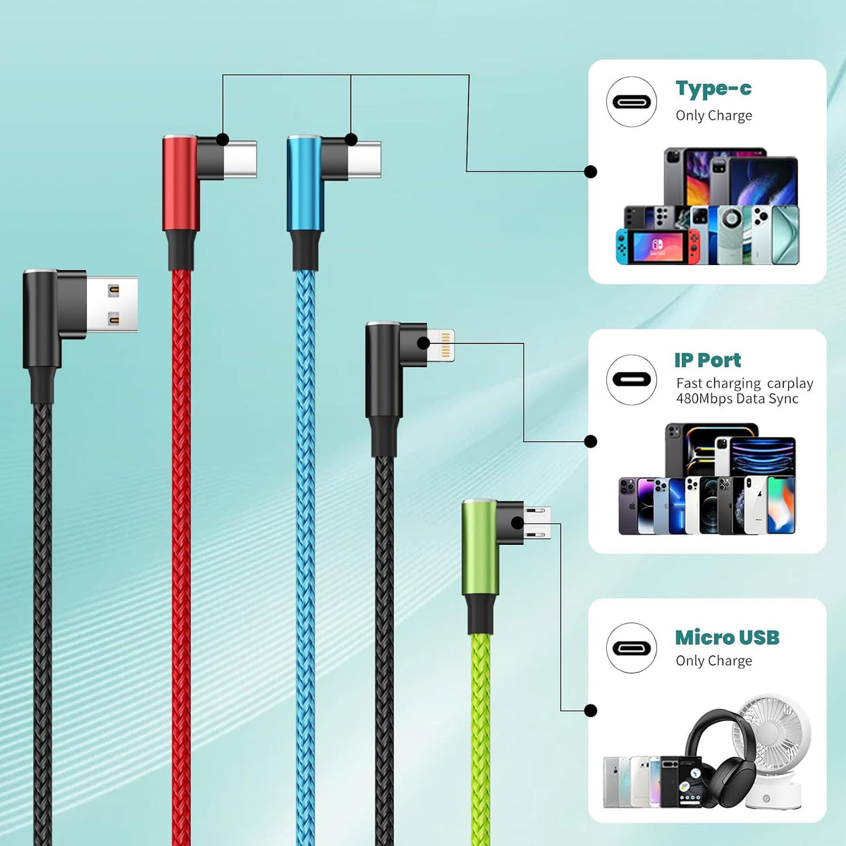 90 [2Pack 5FT], 4 1 Travel Essentials Degree Multi Charging Cable Right Angle in Charging Cable, USB Cable Charging