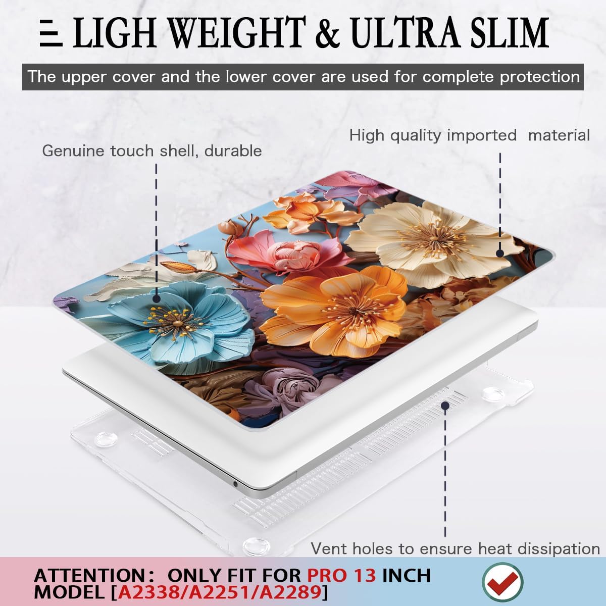 CISSOOK Compatible with MacBook Pro 13 Inch Case 2025 2024 2023 2021 2020 Release M2 M1 A2338 A2289 A2251, Hard Shell Case & Keyboard Cover for MacBook Pro 13 with Touch Bar, Silk Flowers