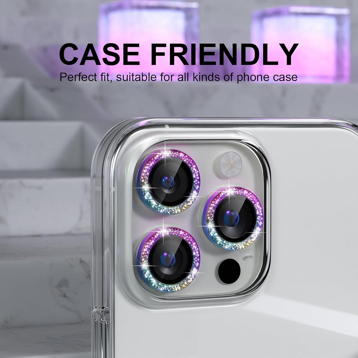 Choiche Compatible for iPhone 16 Pro/iPhone 16 Pro Max Camera Lens Protector Bling, 9H Tempered Glass Camera Cover Screen Protector Metal Ring Decoration Accessories (Glitter-Colorful)