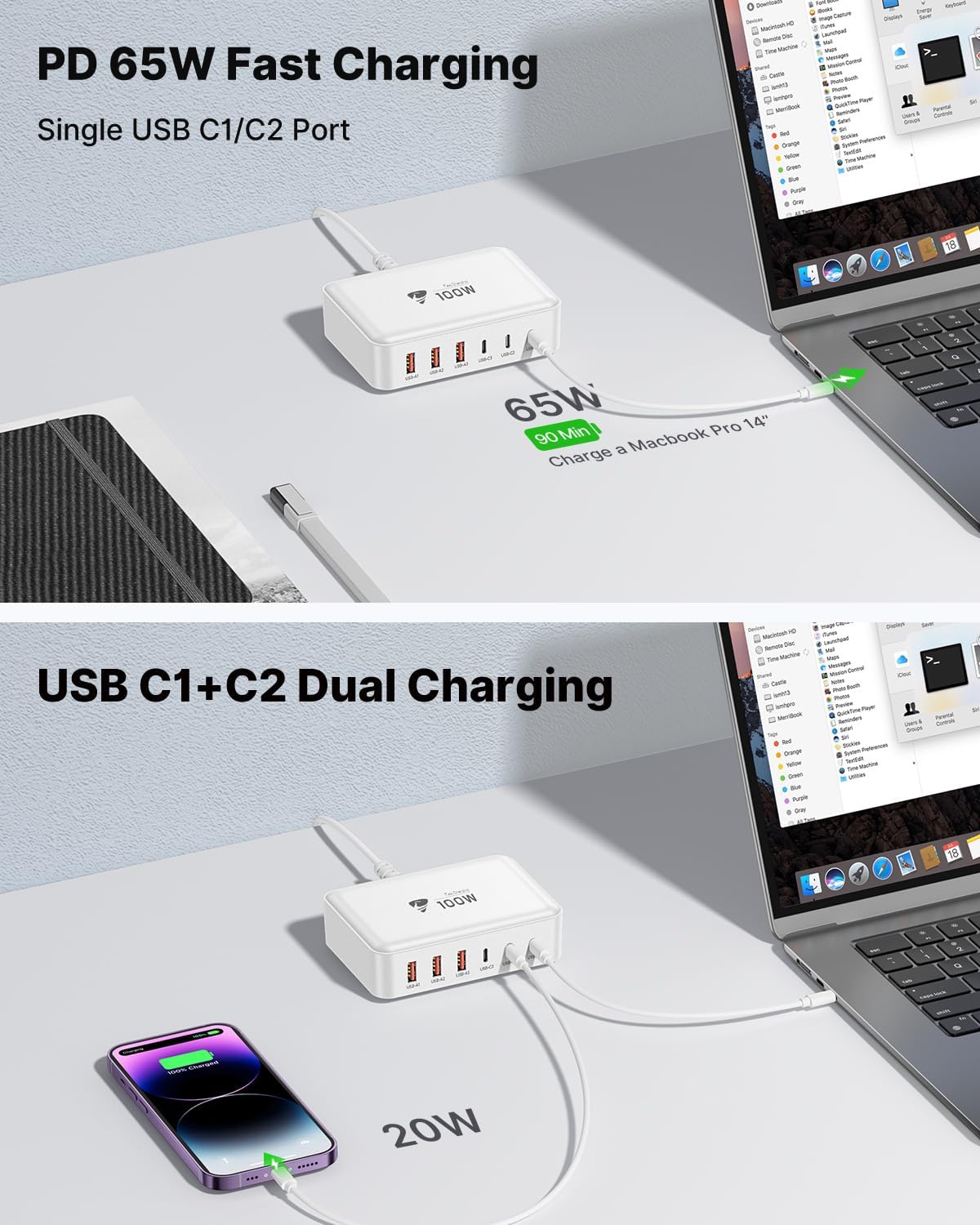USB C Fast Charger, 100W GaN 6 Port USB C Fast Charging Station Hub Block Cube, QC USB A and PD USB c Wall Charger Power Multiple USB Charger Plug for iPhone 16 15 14 13 12 Pro Max, MacBook, Samsung