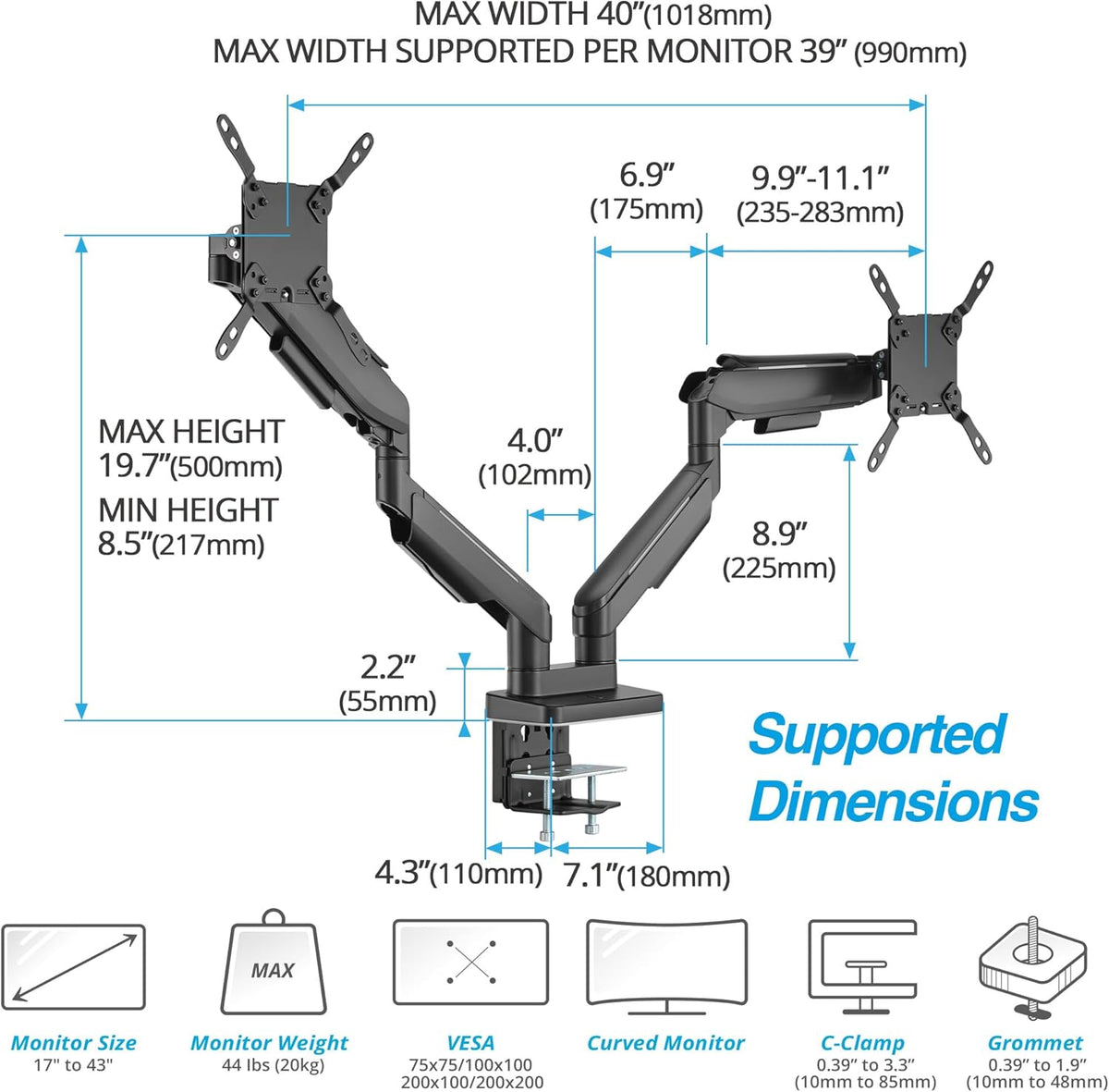 AVLT RGB Lights Dual 17”-43” Gaming Monitor Arm Desk Mount, Fits Two Flat/Curved/Ultrawide Screen up to 44lbs(20kg), Height Swivel Tilt Adjustable Stand - Black