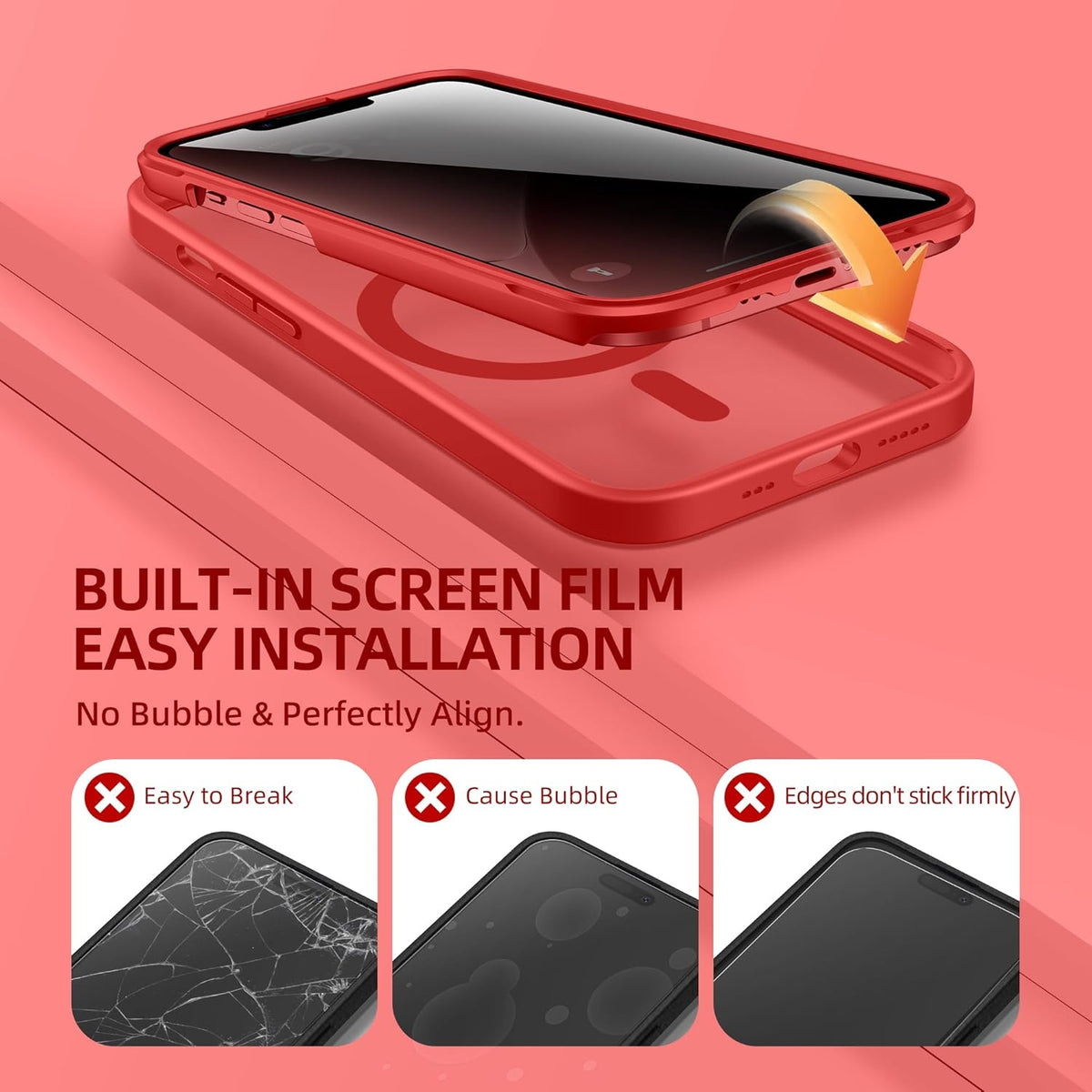 BERFY Magnetic for iPhone 14 Case, Compatible with MagSafe, Built-in Privacy Screen Protector and Upgraded Camera Protection, Anti-Spy Full Body Shockproof Phone Case for 14 6.1", Red