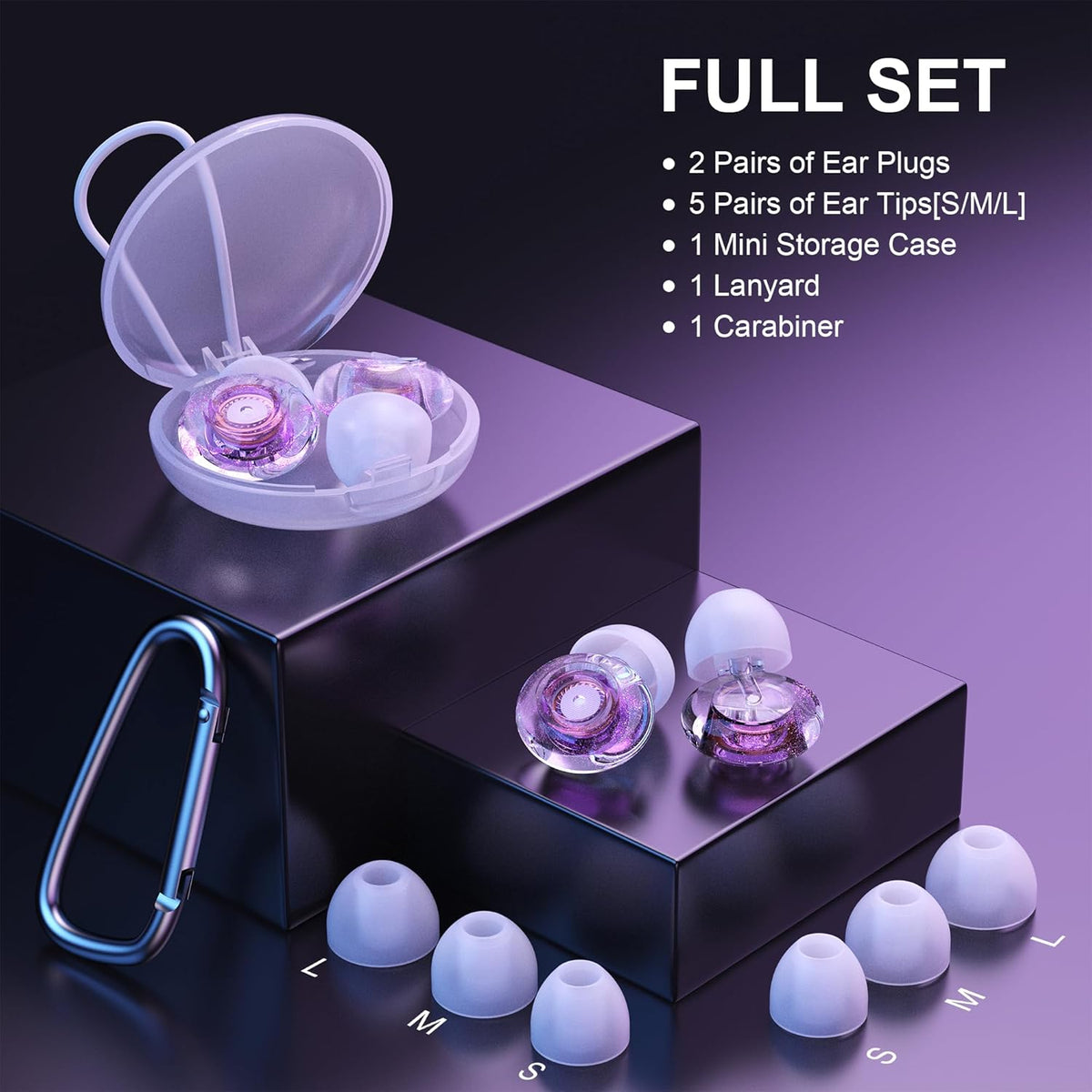 Ear Plugs for Concerts, 2 Pack High Fidelity Ear Plugs, Reusable Silicone Earplugs for Concert, Rave, Work, Musicians, 5 Pair Ear Tips in S/M/L, 18-25 dB Concert Ear Plugs for Noise Cancelling(Purple)