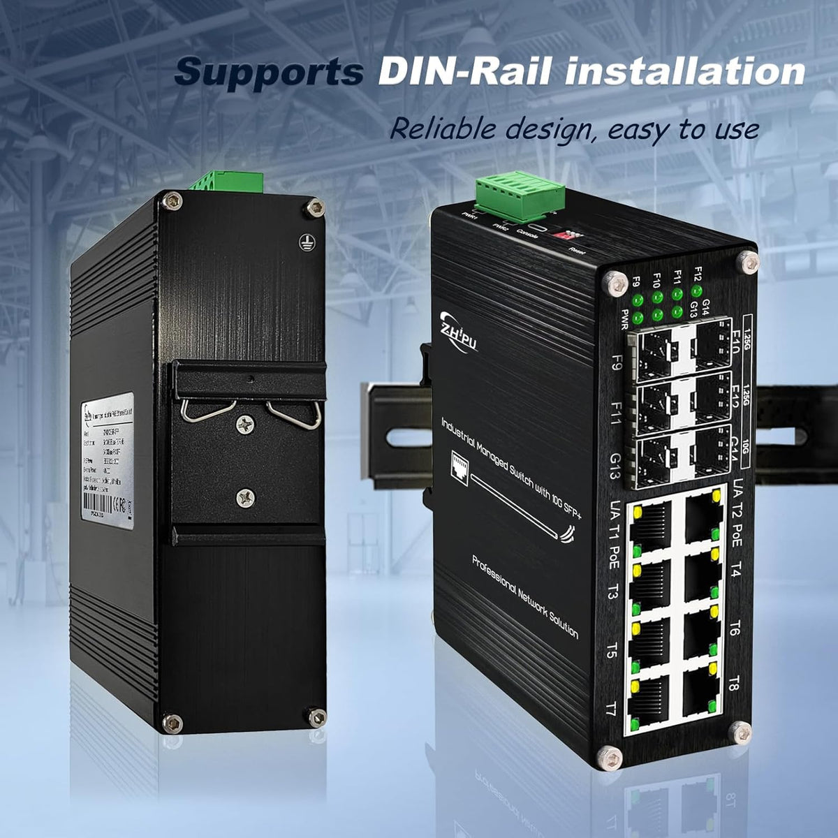 Industrial Managed 10G Ethernet PoE Switch, 2*10G SFP + Slot+4*Gigabit SFP Slot +8*RJ45 Port, PoE Networking Switch Supporting Din-Rail, 48~57VDC Power Input