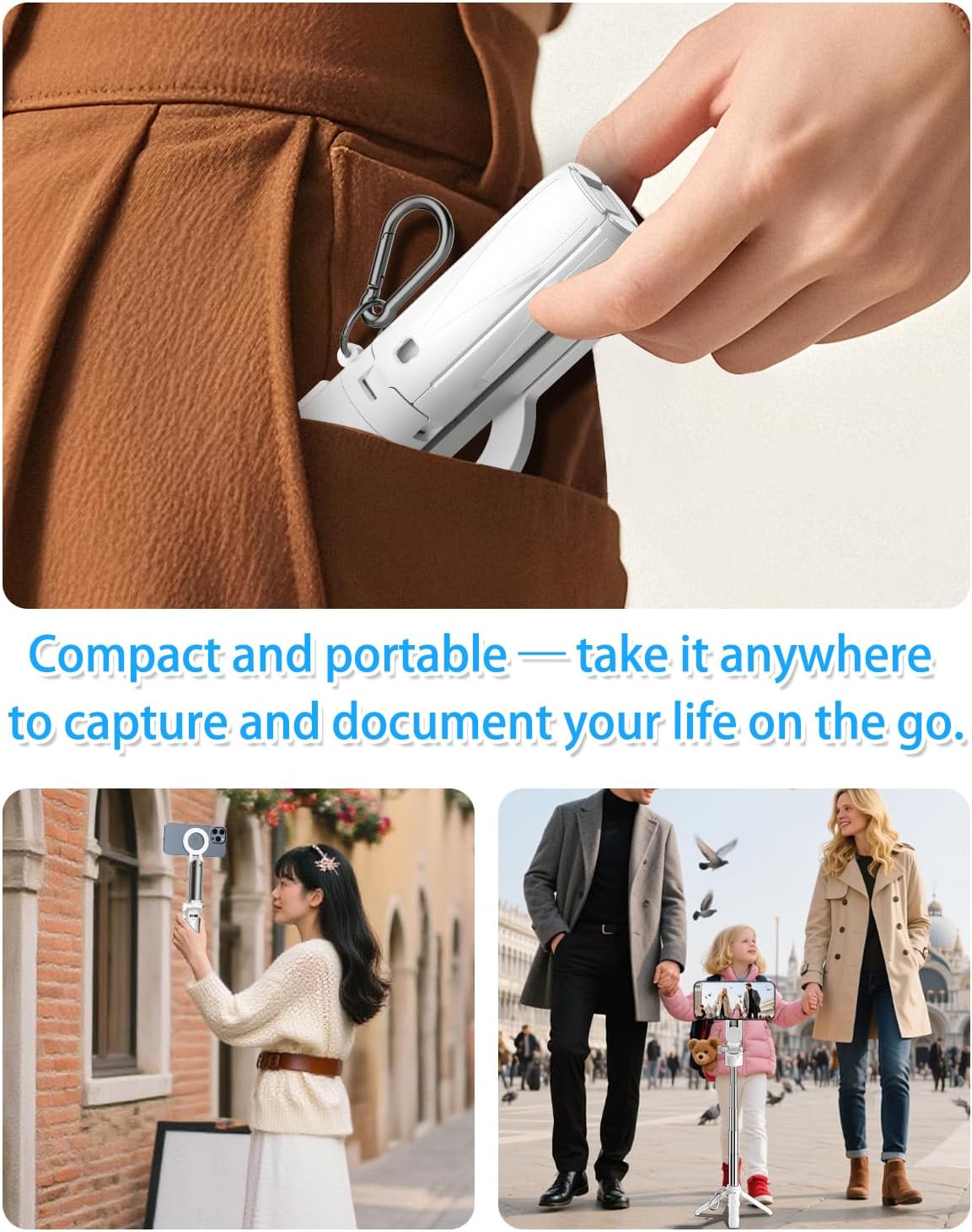 CloudValley Magnetic 4-in-1 Multifunctional Selfie Stick Tripod, Mini Portable Pocket Phone Stand with Detachable Remote, Compatible with MagSafe, for iPhone/Android, Travel Vlog, Live Stream, White