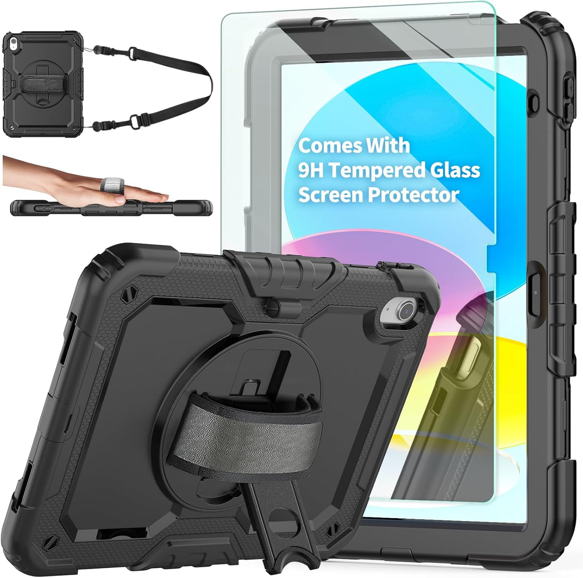 Ambison Case for iPad (A16) 11th/10th Generation 11"/10.9'' 2025/2022,Heavy Duty Shockproof Case with Tempered Glass Screen Protector, 360° Rotating Handle Strap&Stand,Shoulder Strap-Black