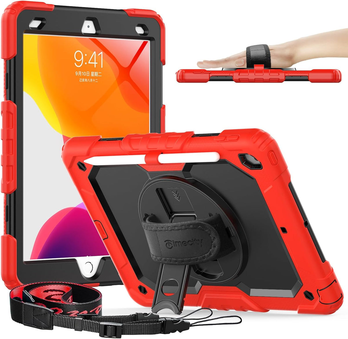 Timecity Case for iPad 9th/ 8th/ 7th Generation 10.2 inch - Heavy Duty Protective Cover with Screen Protector, Rotating Stand, Shoulder Strap & Pencil Holder | Kids-Friendly (Red)