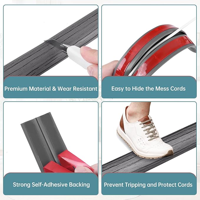 Floor Cord Cover Self Adhesive Cord Hider Floor Extension Cord Covers for Floor Power Cord Protector Cable Management Prevent Cable Trips Cable Cavity 0.32" W x 0.32" H (Deep Grey Wood, 20Ft)
