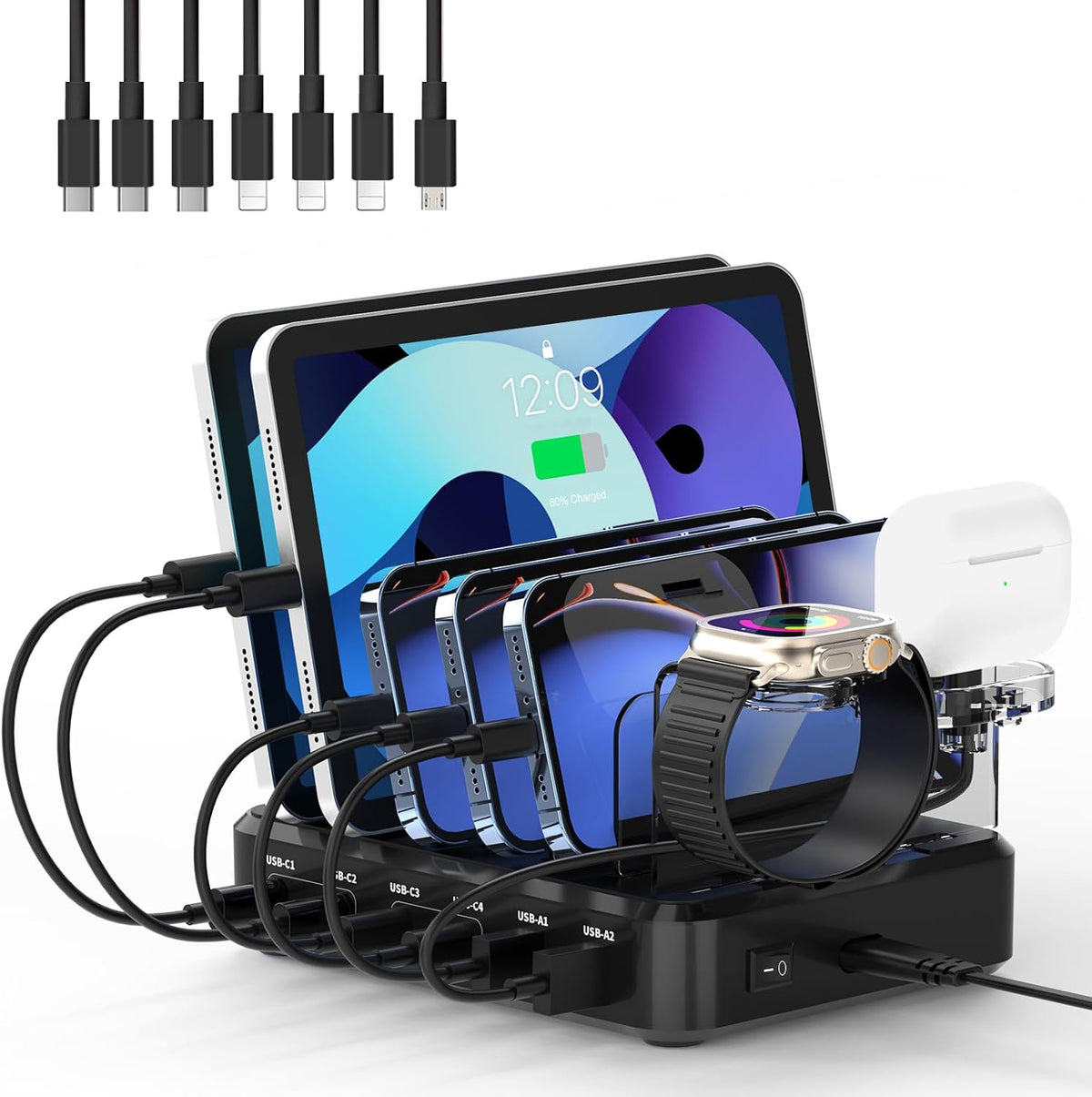 120W USB C Charging Station: 4C2A Port Output Max 65W Fast Charger for MacBook Air Apple iPhone iPad Tablet and Samsung Android Devices (Black)