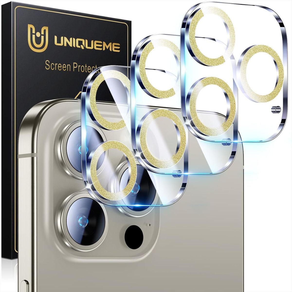 UniqueMe for 3 Pack iPhone 15 Pro/iPhone 15 Pro Max Camera Lens Protector, [Drop Protection] [Case Friendly] 9H Tempered Glass Camera Cover Screen [Update New Version] - Glitter Golden