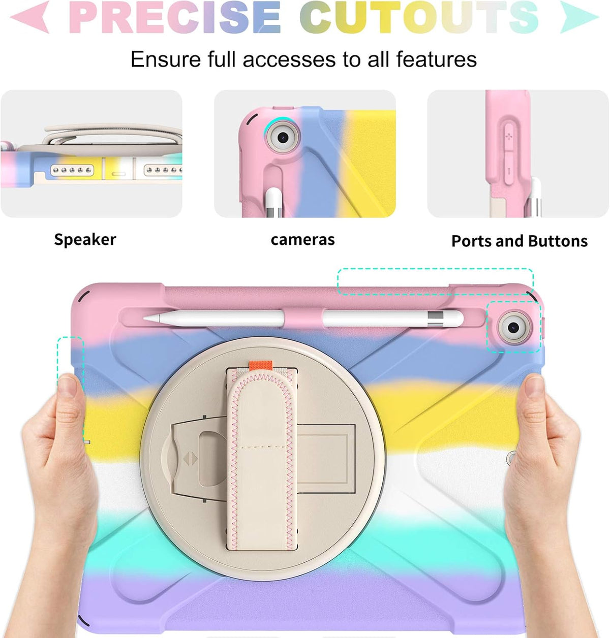 BLOSOMEET Case for iPad 9th/8th Generation 2021/2020 10.2 Inch for Kids Girls Cute w/Tempered Glass Screen Protector & Pencil Holder, iPad 7th Gen 10.2 Cover 2019 Pink w/Stand Hand Shoulder Strap