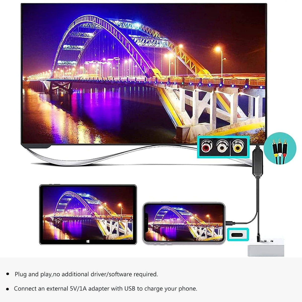 6Ft 3 USB C to RCA Cable Adapter, Wired Type-C to RCA Screen Mirroring with USB A&USB C(Charging),USB C Male to RCA