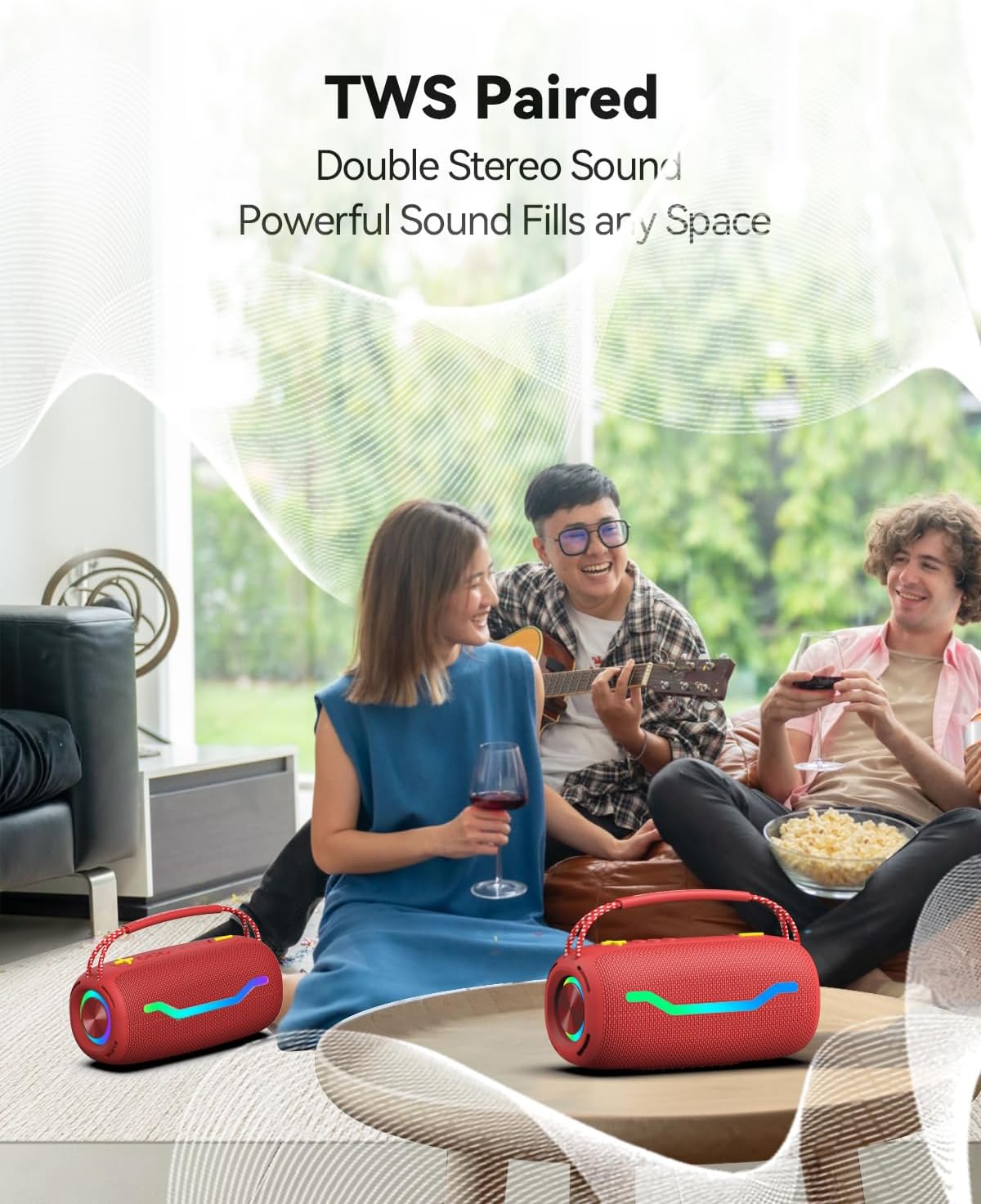 Portable Bluetooth Speaker with Light, Loud Sound and Deep Bass, IPX6 Waterproof, Up to 18H Playtime, TWS Pairing, Support Bluetooth/AUX/USB/TF Card for Home, Party, Outdoor and Travel (Red)