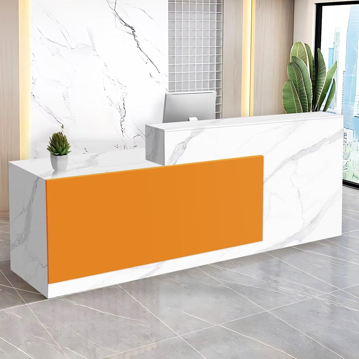 Reception Desk with Counter Modern Checkout Counter with Lockable Drawer Keyboard Tray Receptionist Desk for Office Salon Reception Table U Left 51inch/130cm