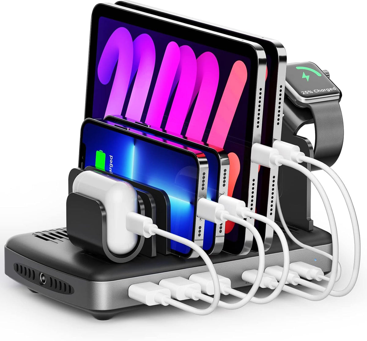 Unitek USB C Charging Station for Multiple Devices Apple, 120W 6 Port Charging Dock with Type-C PD 20W & PD 60W, Fast Charging Stand with Smartwatch & Airpods Holder for iPhone, iPad, Tablet, MacBook