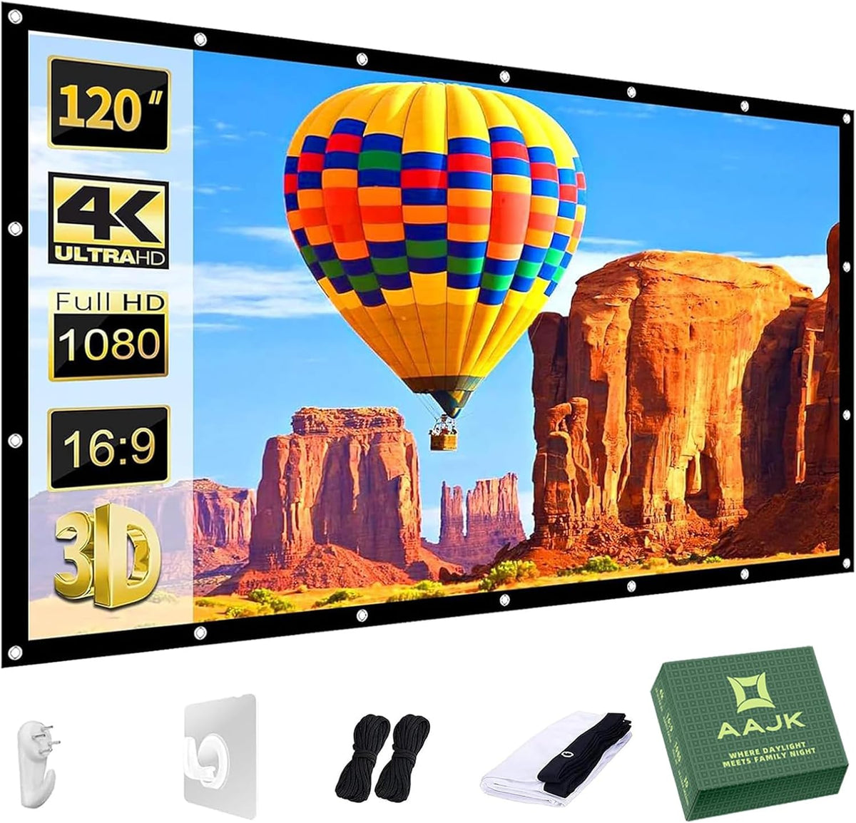 AAJK 120 inch, 16:9 Outdoor Projector Screen Washable Projector Screen Foldable Anti-Crease Portable Projector Movies