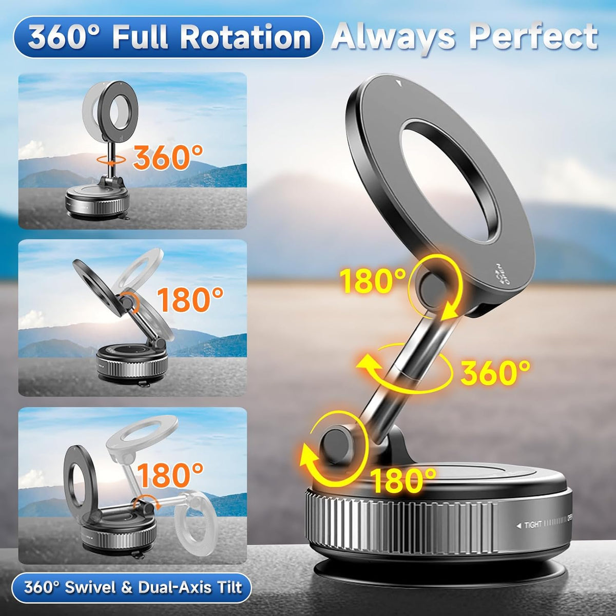 2026 Upgraded Vacuum Magnetic Car Phone Holder 360° Suction Cup Phone Mount for Magsafe Cell Phone Holders, Hands-Free Adjustable Foldable for iPhone 16 Pro Max & All Smartphones Car Gym Mirror