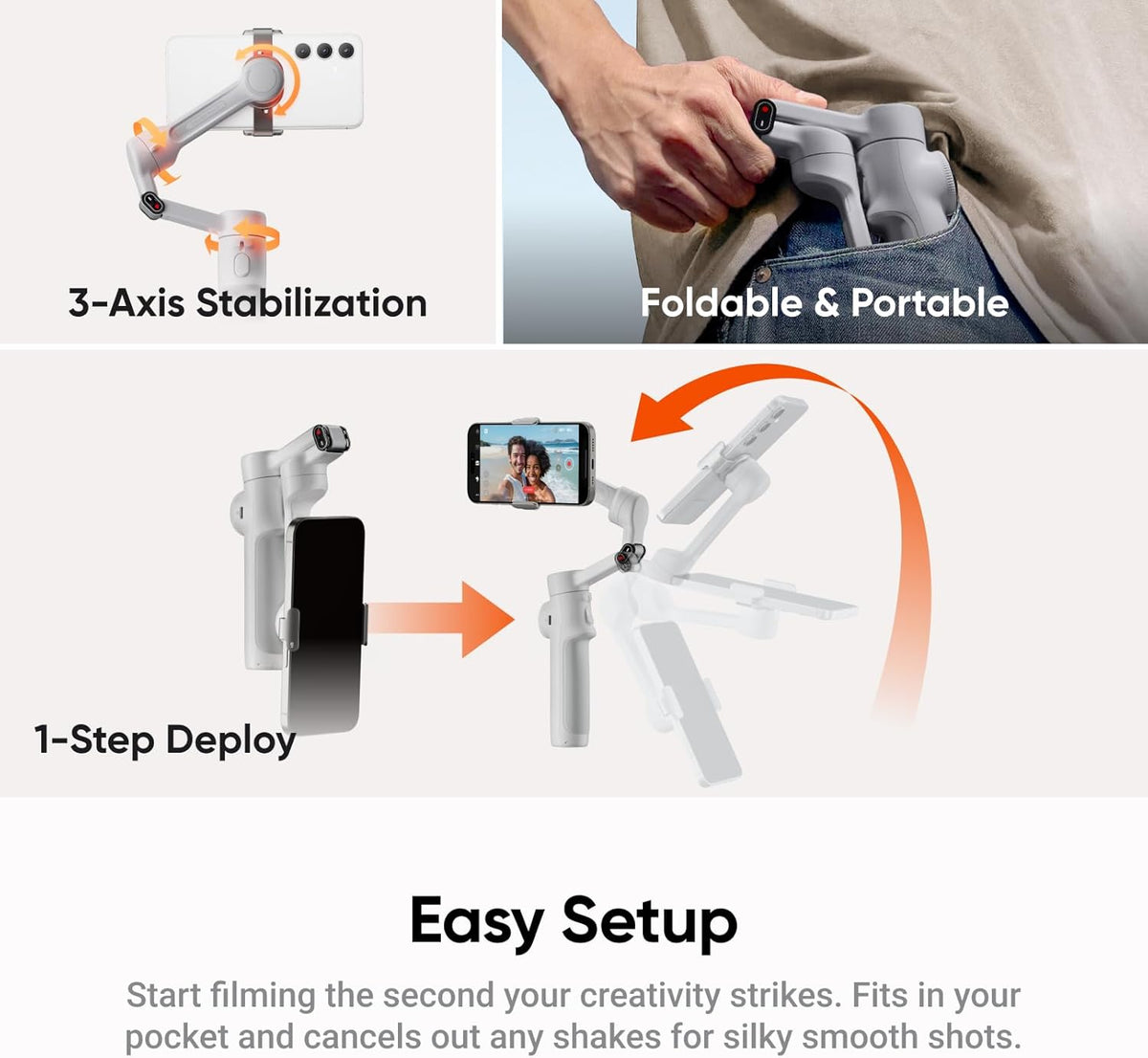 Insta360 Flow 2 Grey - Foldable AI Phone Gimbal, AI Tracking, Multi-Person Tracking, Built-in Tripod/Selfie Stick, Remote Control, iPhone/Android Portable Stabilizer