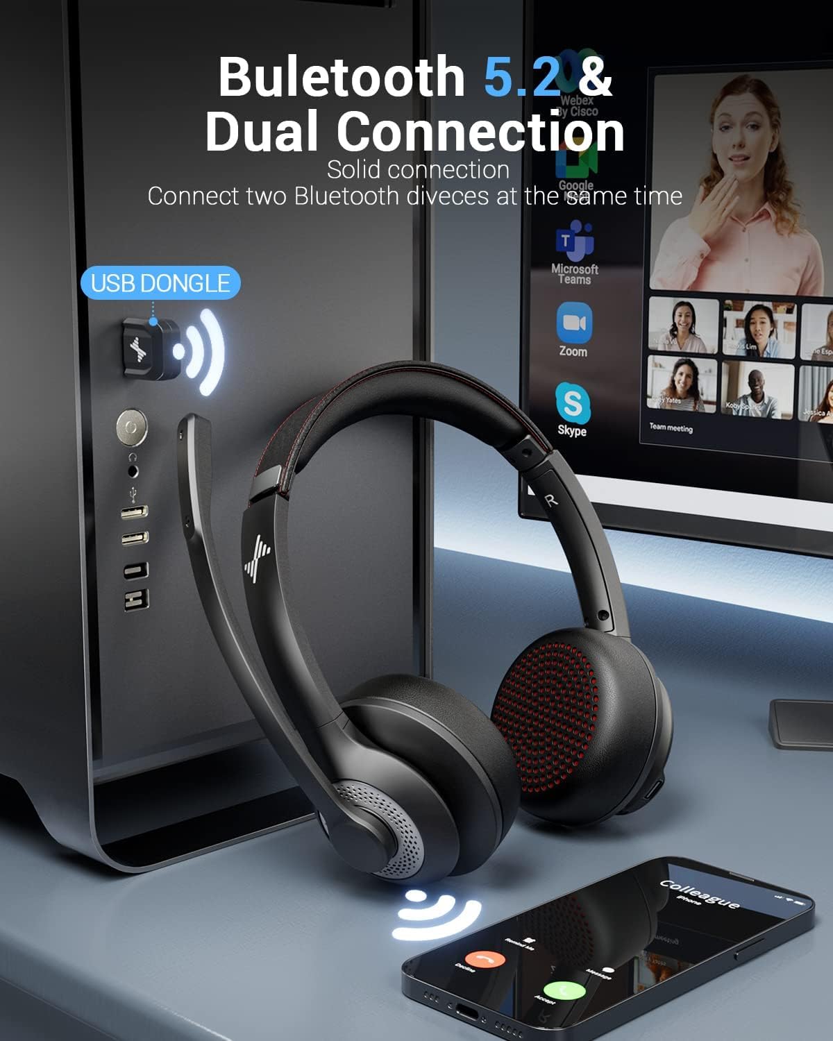 Wireless Headset with AI Noise Cancelling Microphone Bluetooth Headset - Bluetooth V5.2 Headphones with USB Dongle, Charging Base & Mic Mute for Computer/Laptop/PC/iPhone/Android/Cell Phones
