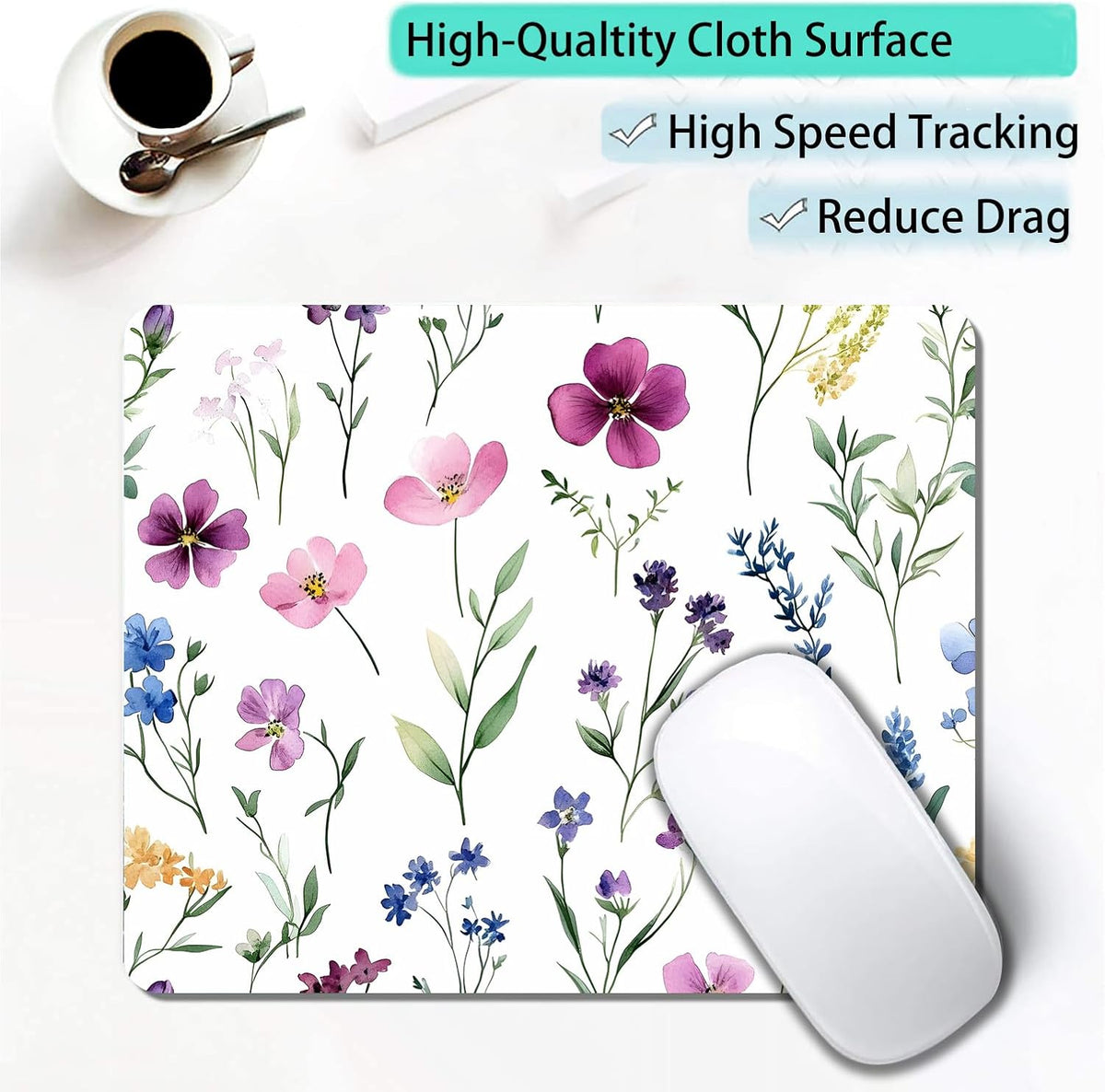 Watercolor Flower Wildflowers Floral Custom Mouse Pad with Non-Slip Rubber, Small Square Design for Wireless Laptop & Computer Mouse Pads for Desk, 9.5 x 7.9 inch Smooth Surface for Gaming & Office
