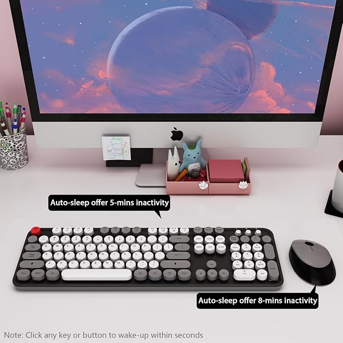 Wireless Keyboard Mouse Combo Colorful Mouse and Keyboard Combo 104 Keys Cute Wireless Keyboard with Number Pad for Windows Computer PC Notebook Laptop (Grey)