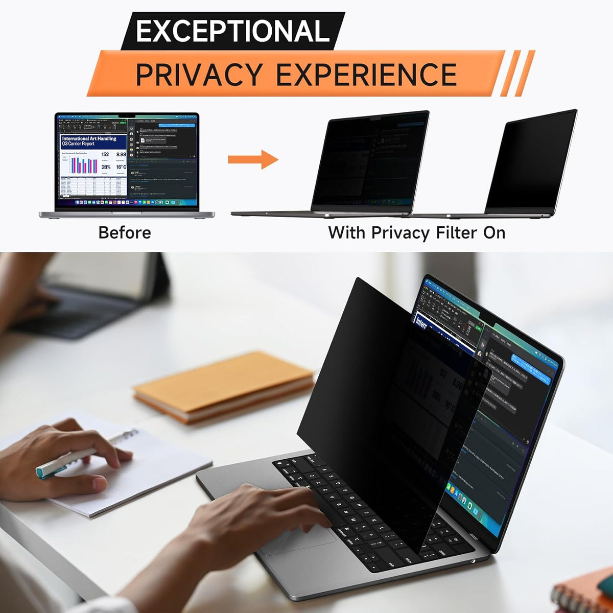 Privacy Screen for MacBook Pro 14 Inch (2021-2024, M1, M2, M3, M4, Pro, Max), Matte Anti Glare Blue Light Filter, Nano No Glue Anti Spy Black Protector for Mac Pro 14In Laptop Computer