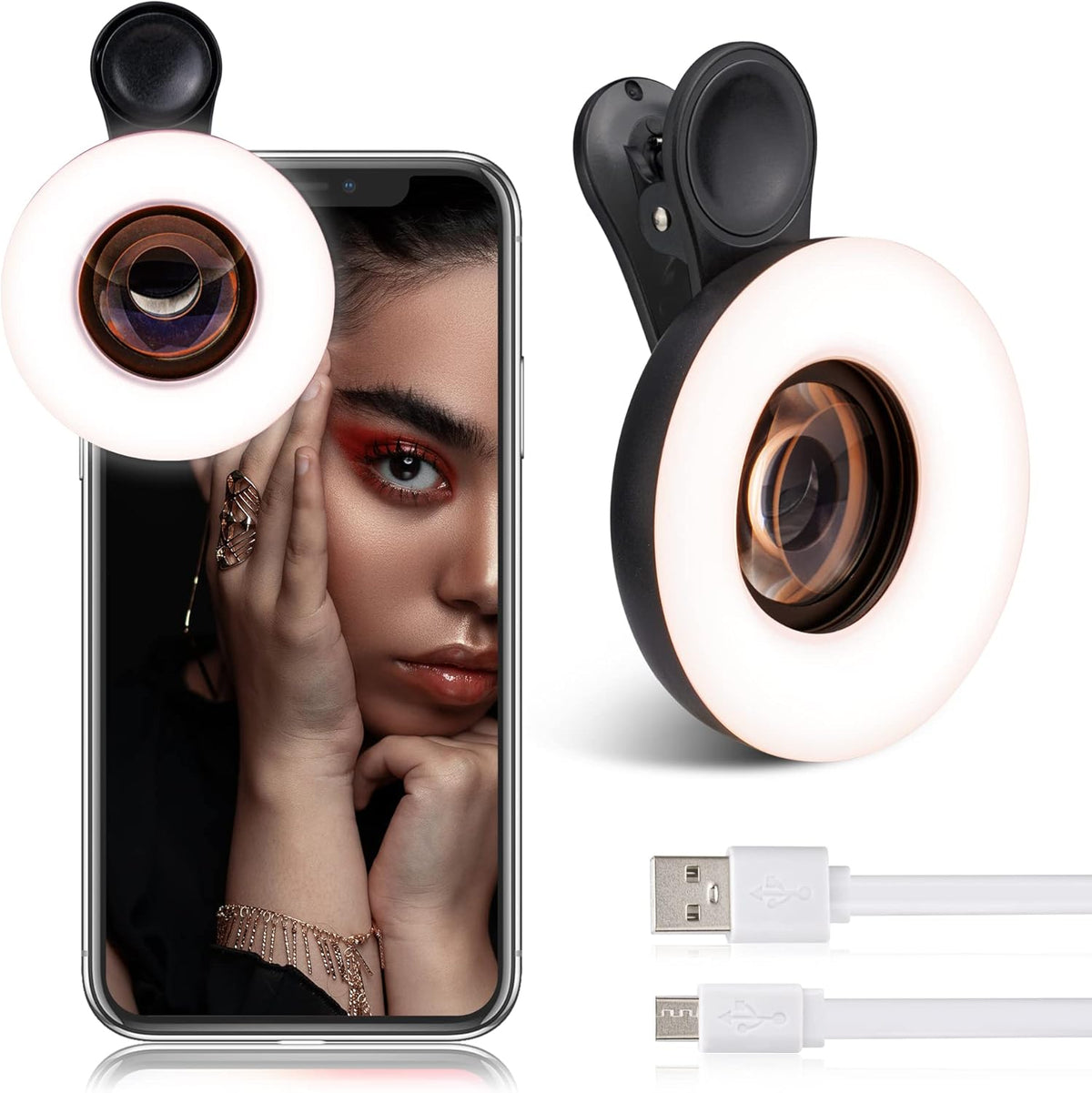 Macro Lens for iPhone and Android with Mini Clip Ring Light, Portable Rechargeable Dimming, for Smart Phone Photography, Camera Video Recording, VLOG