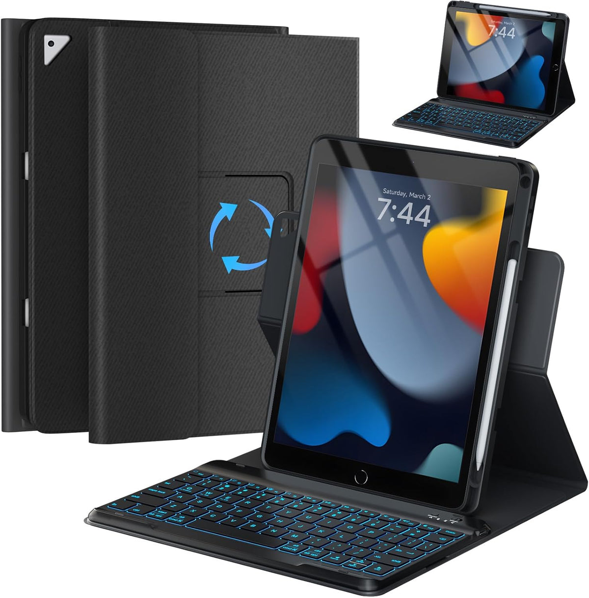 OYEEICE for iPad 9th Generation Case with Keyboard - Detachable Backlit Keyboard - Rotatable Cover with Pencil Holder for iPad 9th/8th/7th Gen, iPad Air 3rd Gen & iPad Pro 10.5" - Black