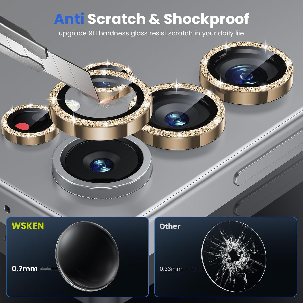 WSKEN for Samsung Galaxy S25 Ultra Camera Lens Protector - Ultra Thin Case Friendly, 9H Shatterproof Tempered Glass with Aluminum Metal Circle Camera Screen Protector Cover Accessories, Glitter Gold