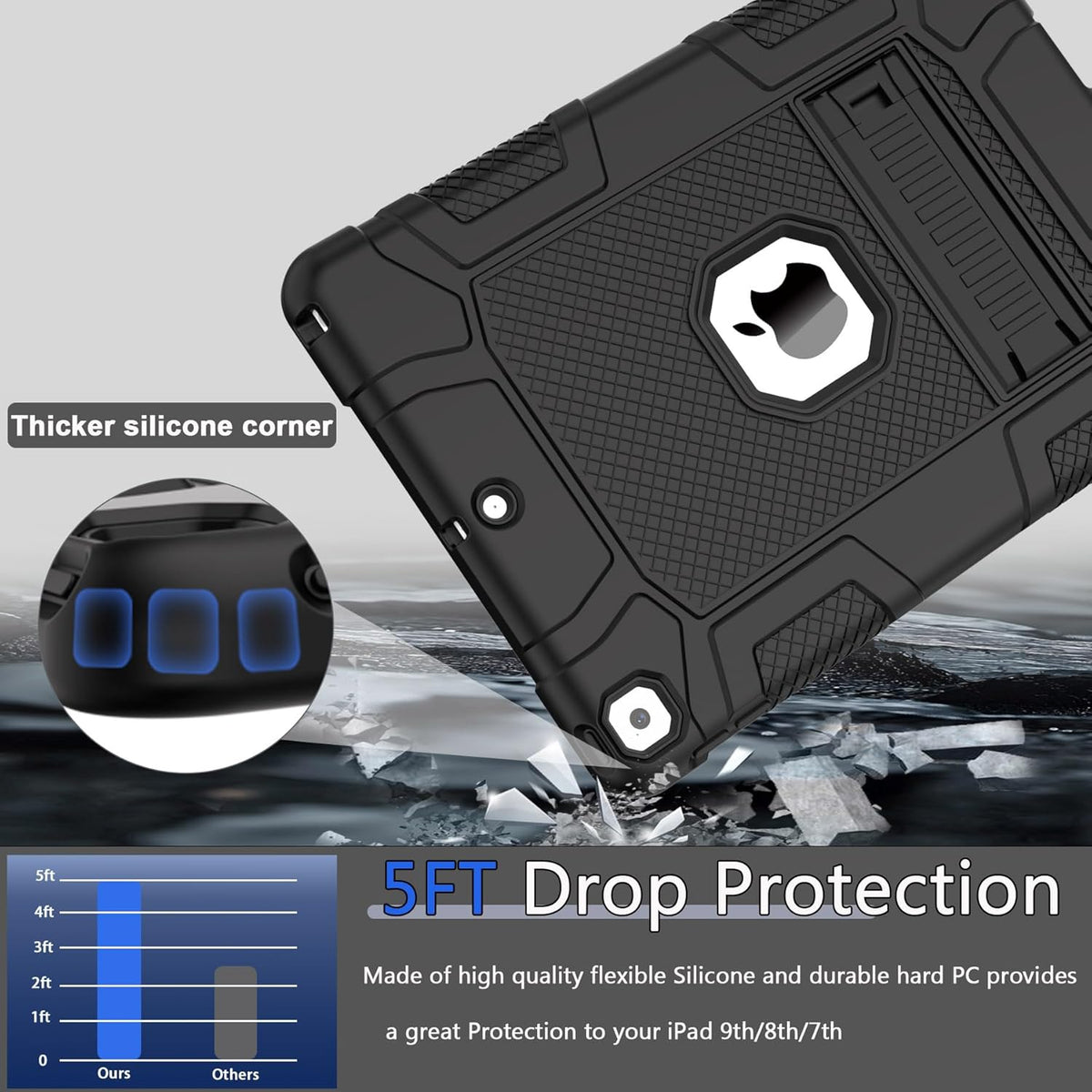 Rantice Case for 9th/8th/7th Generation, Hybrid Shockproof Rugged Drop Protective Case with Kickstand for iPad 10.2 Inch (2021/2020/2019 Release), Black