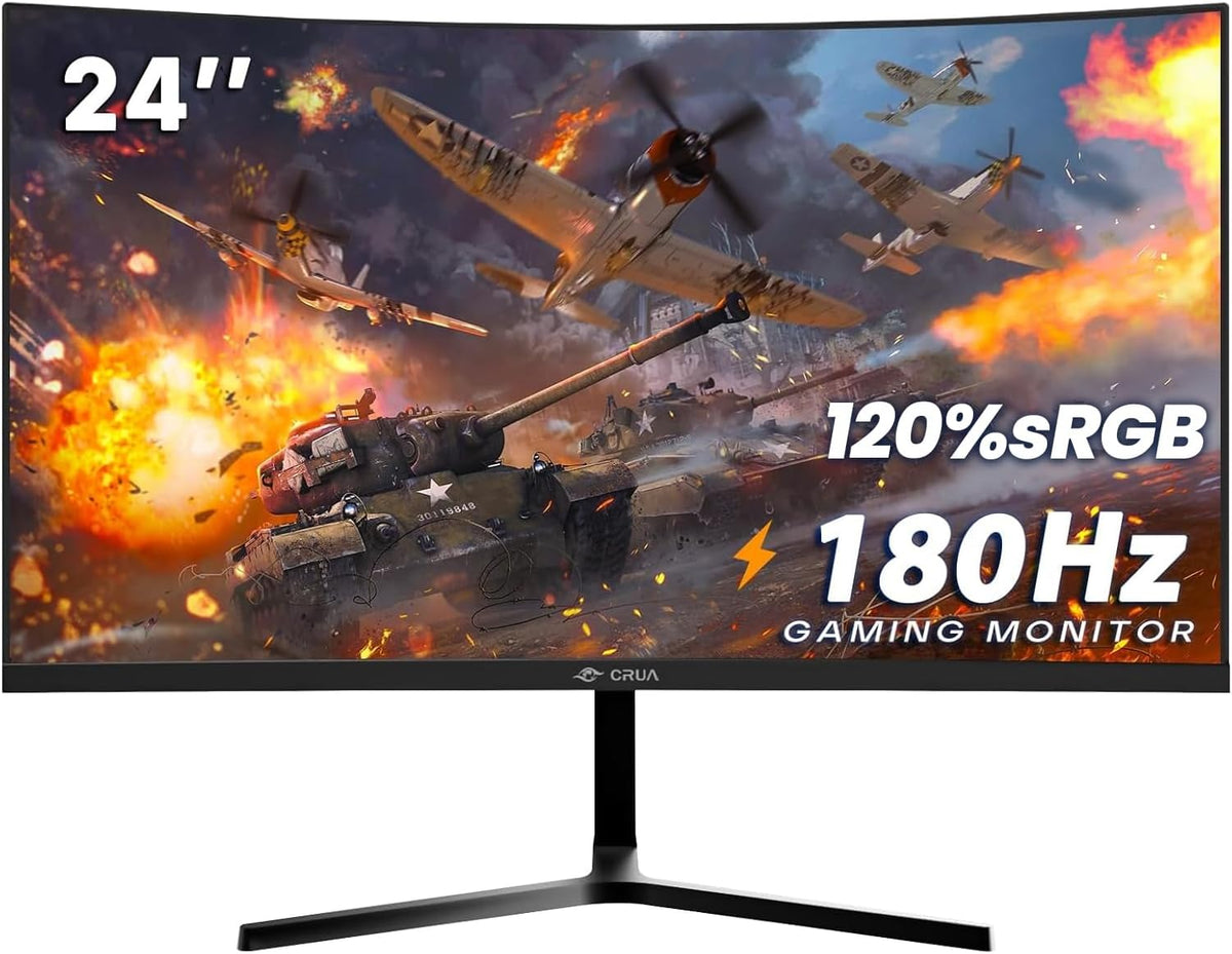 CRUA 24” Curved Gaming Monitor, 180Hz/144Hz FHD 1080P, Support 120% sRGB, AMD FreeSync, Low Motion Blur, Wall Mount Installs Compatible, for Office and Games(HDMI 1.4 & DP 1.2) – Black