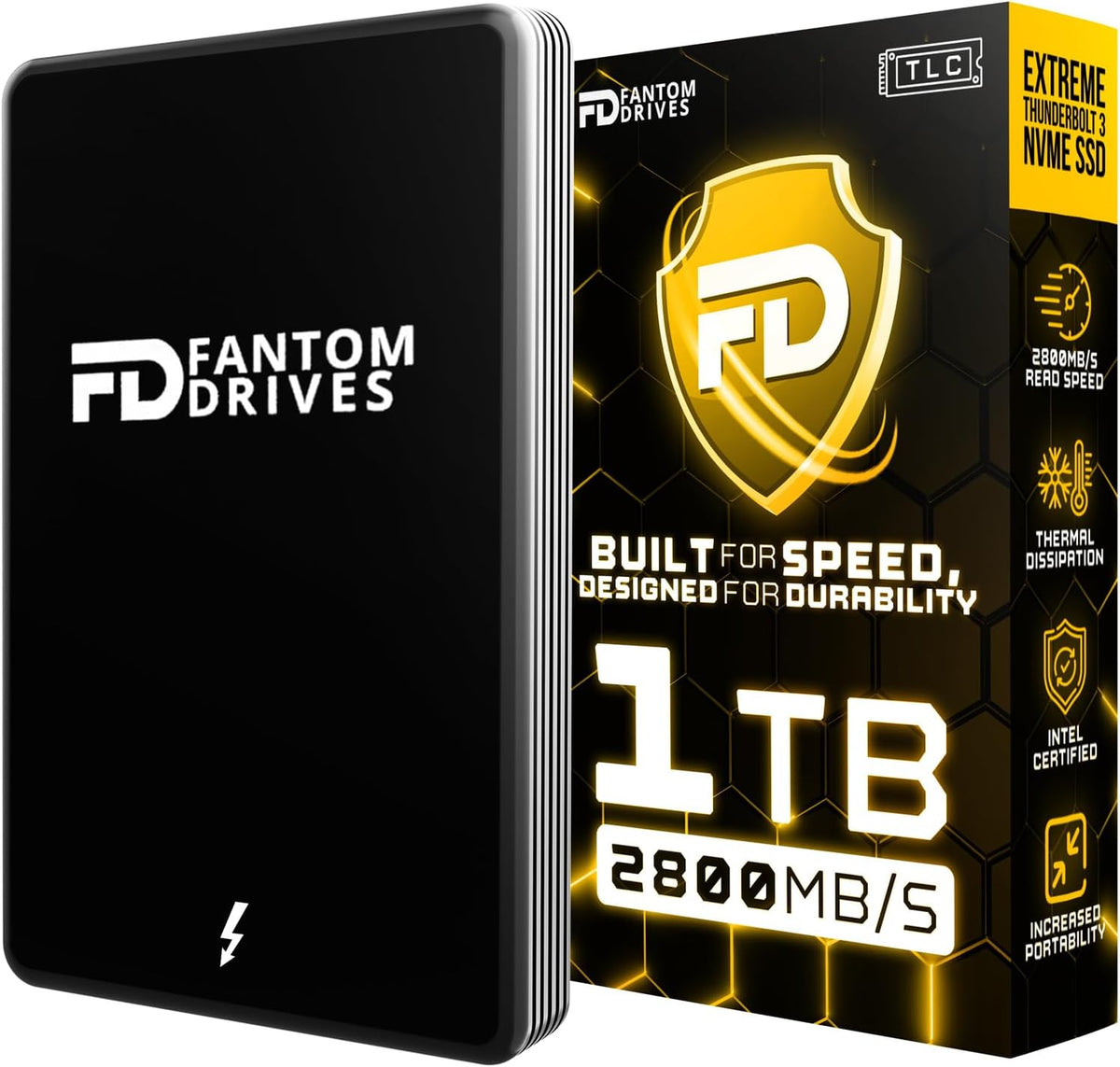 Fantom Drives Extreme 1TB External SSD - 2800MB/s, Thunderbolt 3, USB Type-C, Aluminum, 3D NAND TLC, TB3X-2300N1TB