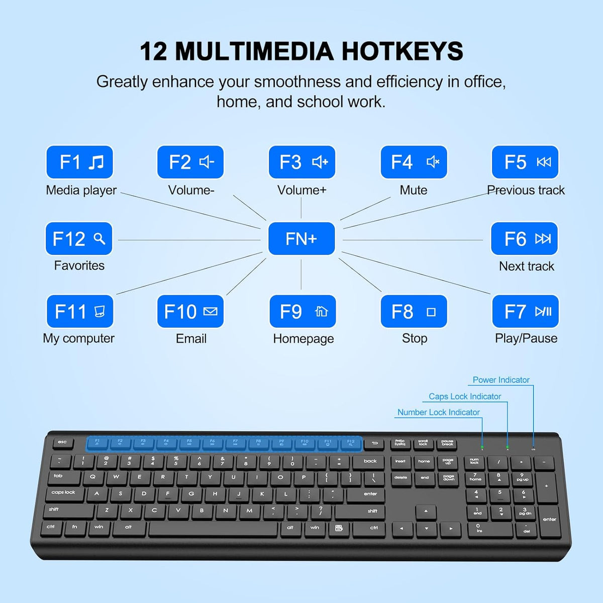 EDJO 2.4G Wireless Keyboard, Full-Sized Cordless USB Silent Computer Keyboard, Ergonomic Tilt Angle, Sleep Mode, Long