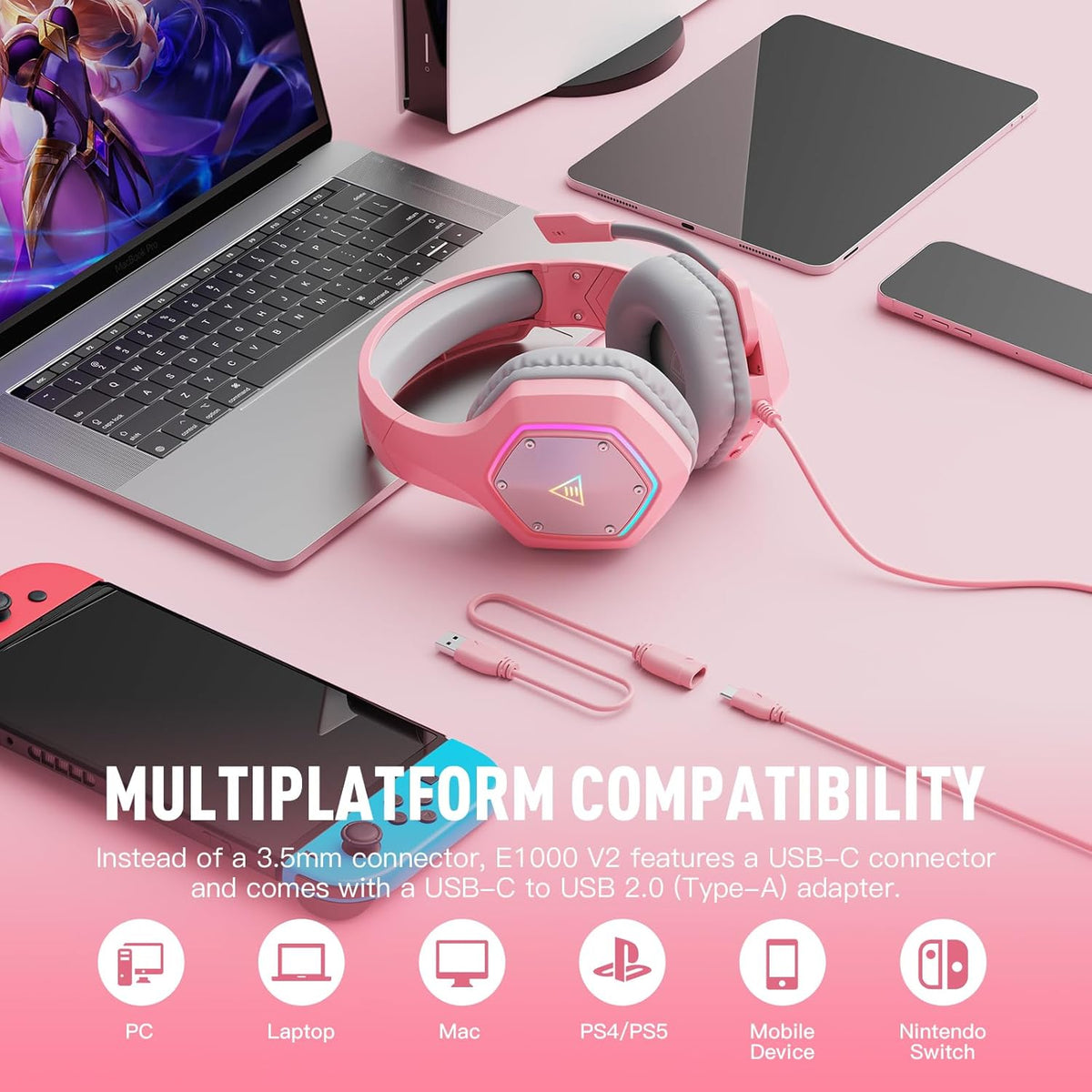 EKSA E1000 V2 Gaming Headset, PC Headset with USB C Plug, Wired Headphones with Noise Canceling Microphone, 7.1 Surround Sound, RGB Light, include USB Adapter for Computer,Mac, PS4/PS5 Console, Laptop