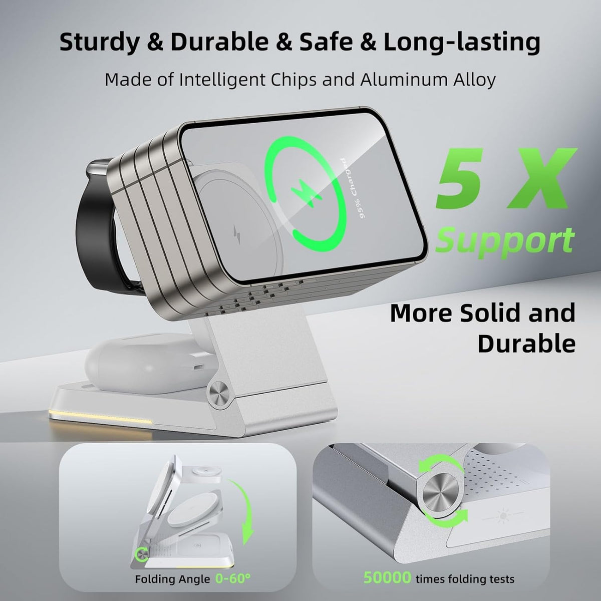 Aluminum 3 in 1 Wireless Charging Station,Foldable Wireless Charger for Apple Magsafe with Light,Portable Travel Magnetic Charger Stand for iPhone 16/15/14,Watch,Airpod, Include PD 20W Adapter & Case