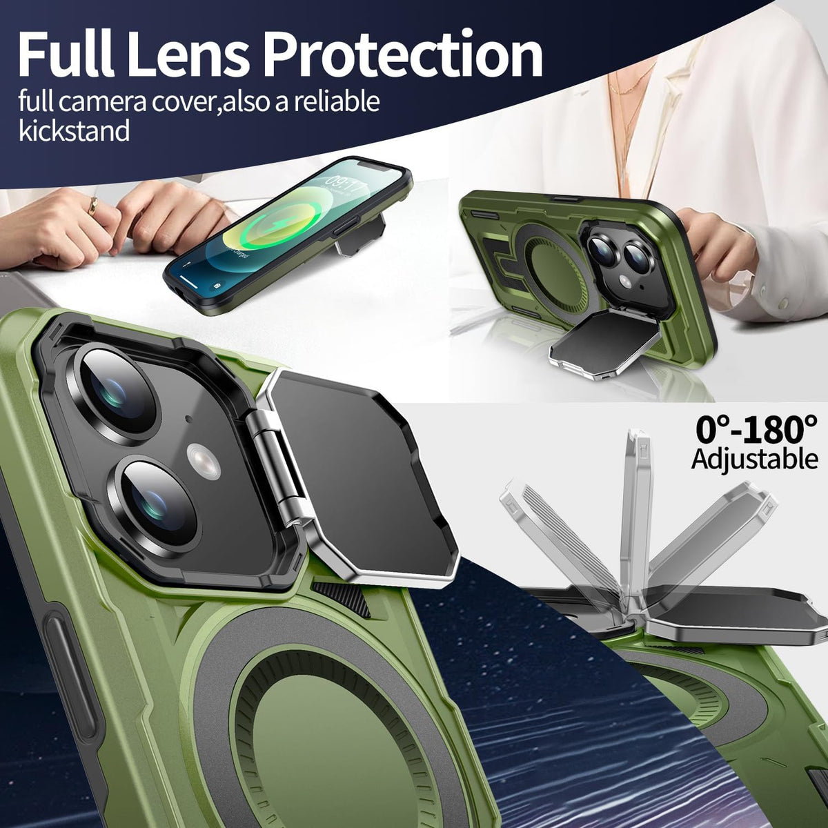 Camera Stand Case for iPhone 12/12 Pro, [Compatible with Mag Safe] [Lens Cover] 2024 Version Military Grade Protective Soft Case for iPhone 12/12 Pro 6.1 inch Men Women, Green
