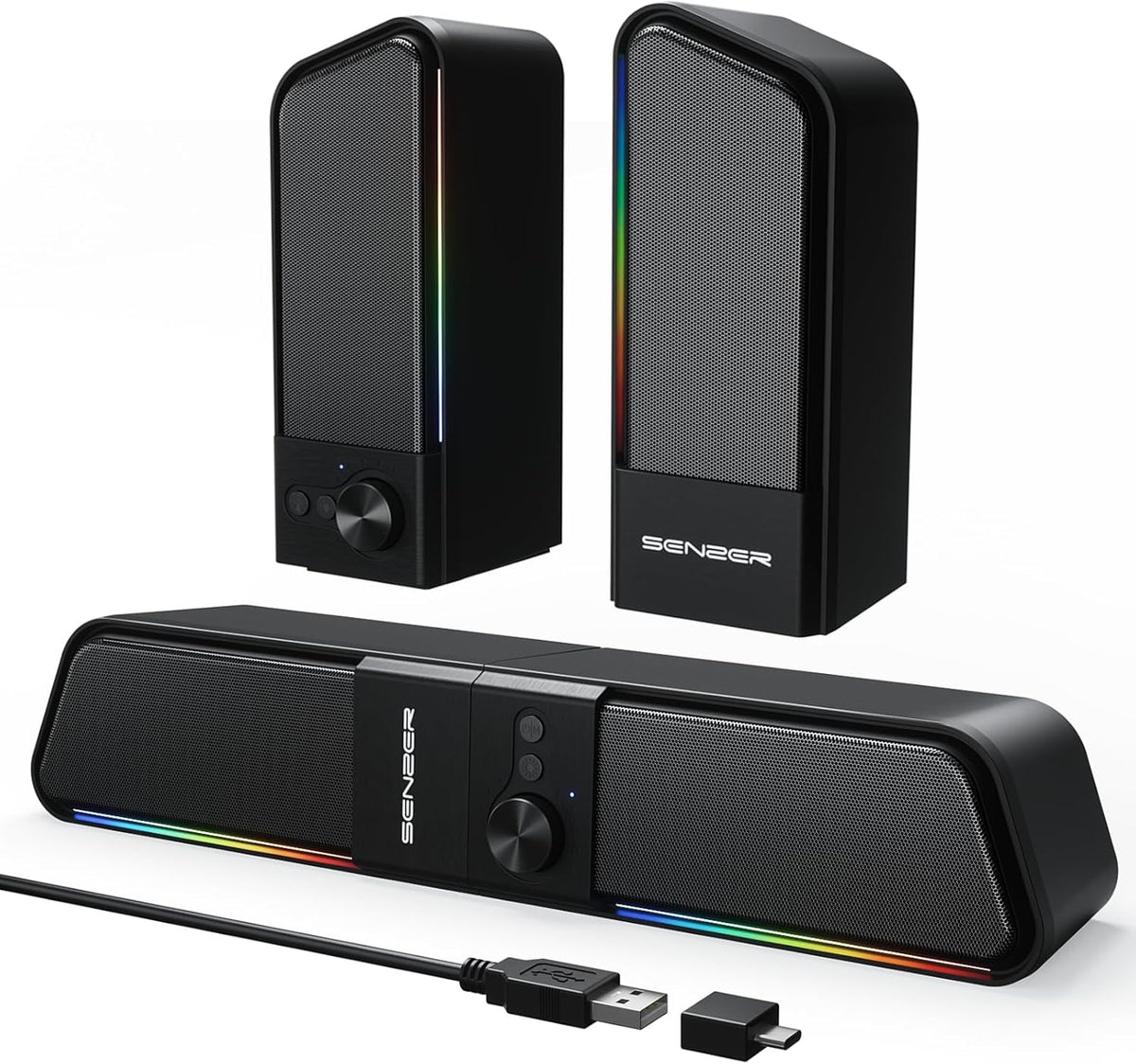 SENZER CS20 2 in 1 Bluetooth Computer Speakers for Desktop, USB Plug & Play Clear Sound PC Speakers with RGB Light, Monitor Sound Bar with Volume Knob, Gaming Speaker for PC Laptop Phone Tablet