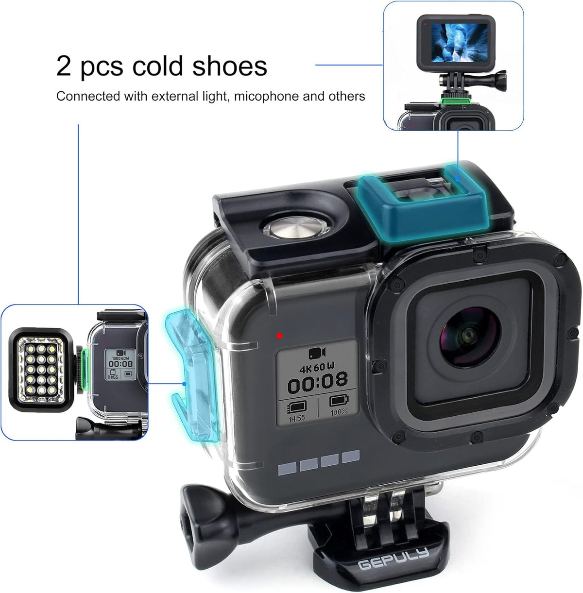 Waterproof Housing Case for GoPro Hero 8 Black - 60M(196ft) Protective Underwater Diving Shell Mount with 2 Cold Shoe Adapters Bracket Accessories Action Camera
