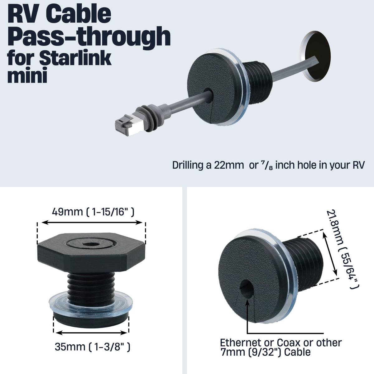 Dikiwodark 2Pcs RV Cable Passthrough for Starlink mini, RV Cable Grommet Compatible with Starlink, Ethernet, Coax, Water-Resistant and Anti-Drop RV Cable Routing(Black)