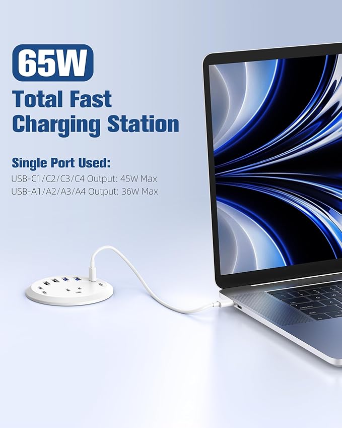 Jgstkcity 65W USB-C Hidden Desktop Power Grommet: 1 AC Outlet,8 USB Charging Ports,3'' Hole Flush Mount Pop-Up Power for Conference Tables & Nightstands (Whtie, 6 FT - 2PCS)