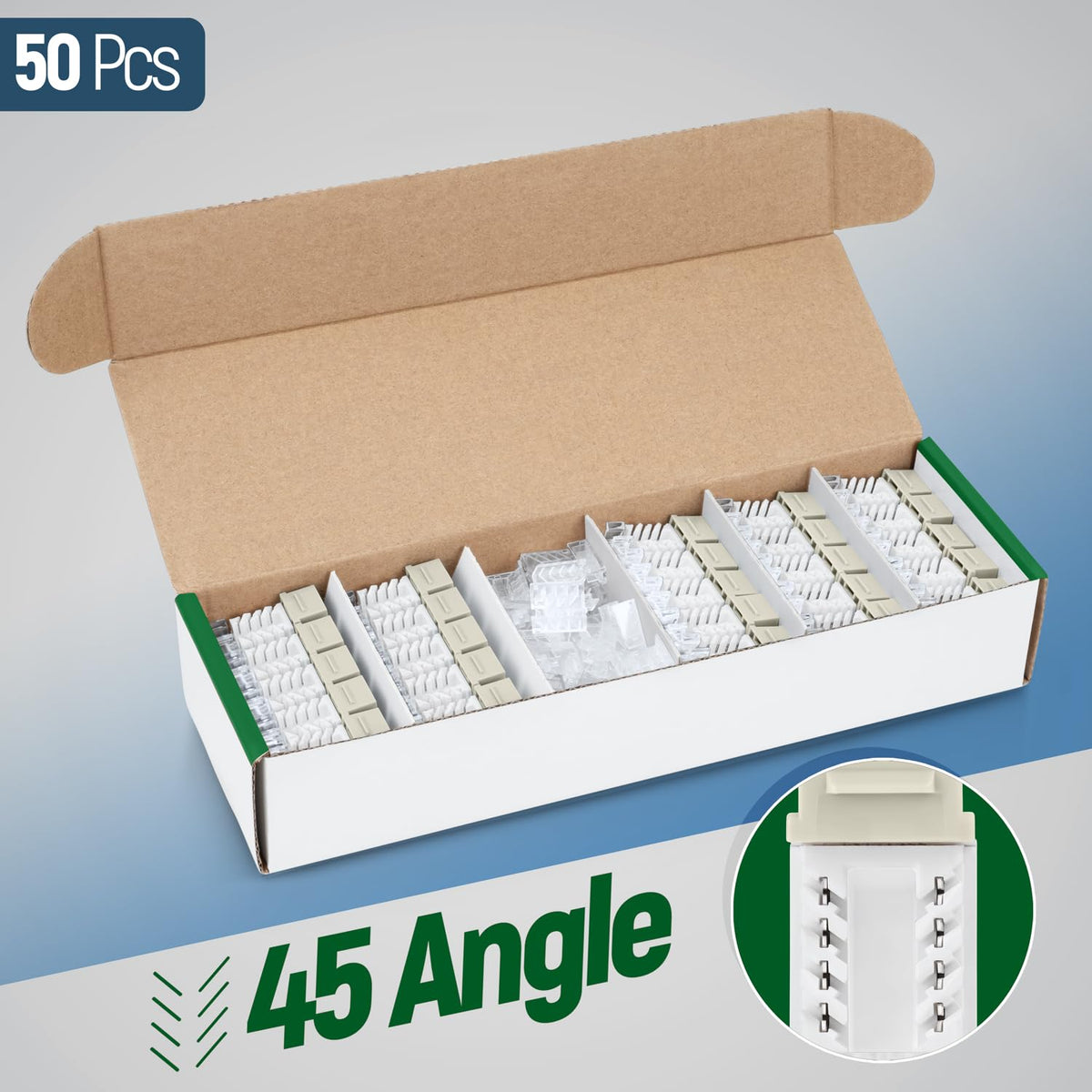 Everest 45° Angled RJ45 Cat6A Keystone Jacks 50-Pack in Ivory - Slim Profile Female RJ45 Connectors - Cat 6A Keystone Jack - Compatible with 45° Angled Speed Termination Tool - 45Term (B0BL3GS7ZY)