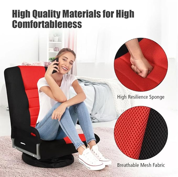 Swivel Video Rocker Gaming Chair Adjustable 7-Position Tatami Bed Lazy Sofa with Armrests Legless Bedroom Bay Window Folding Back Chair Gaming Computer Chair (Red)