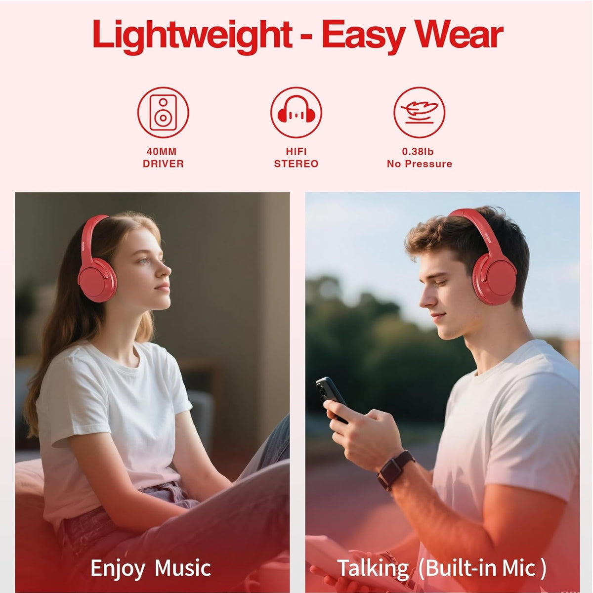 MIDOLA Bluetooth Headphones Over Ear 68H Playtime 6 EQ Wireless Headset with Microphone HiFi Stereo Foldable Lightweight Deep Bass for Travel Home Office Cellphone Red